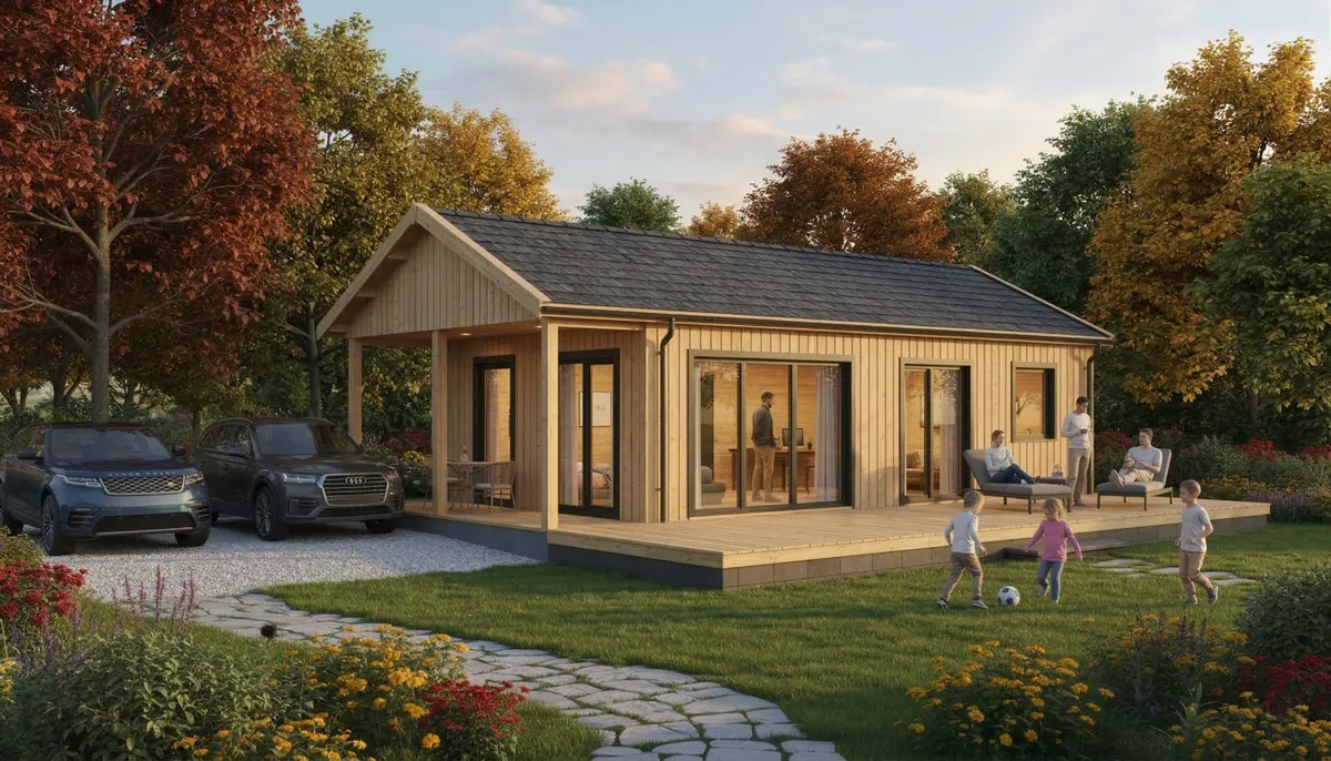 Casa de madera prefabricada a medida Dsavia con amplia terraza, niños jugando al fútbol y coches aparcados en un jardín otoñal.