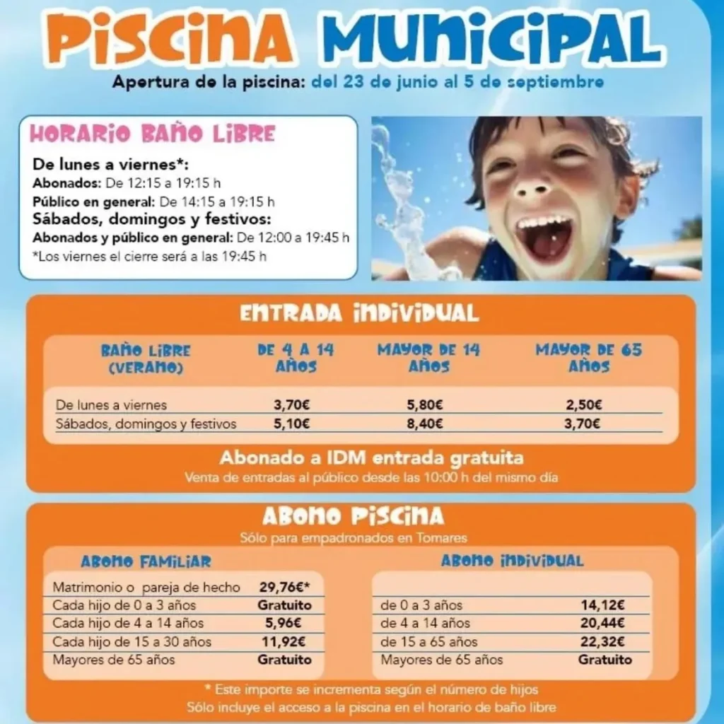 Precios y horarios de la piscina municipal de Tomares